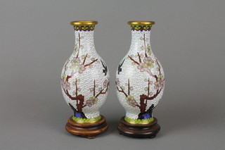 A pair of white ground cloisonne enamelled club shaped vases 6" 