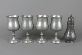 A Unity English planished pewter sugar sifter 7" together with 4 Crown and Rose pewter goblets