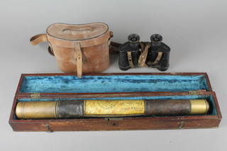A brass and leather bound Officer of the Watch telescope (f) and a pair of Ross Power 10 binoculars marked no.84411 in a leather carrying case 