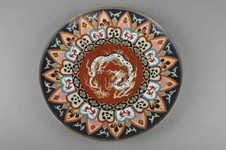 A Japanese cloisonne enamelled charger decorated a dragon 12" 
