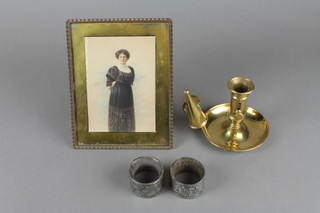 A portrait miniature of a standing lady 5 1/2" x 4", a brass chamberstick with snuffer and a pair of Art Nouveau style napkin rings