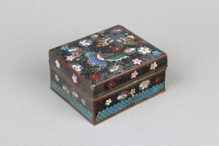 A square black ground cloisonne enamelled jar and cover decorated butterflies 4 1/2" 