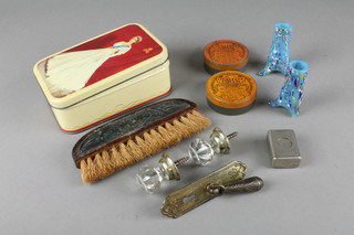 De Laree, a French steel patented travelling inkwell 2", an Art Nouveau oak and planished copper table brush, 2 end of day glass vases 3", 2 Olivetti typewriter ribbon tins and a biscuit tin decorated Queen Elizabeth