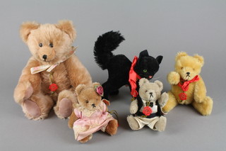 A brown Herman bear 9", a black Herman cat 5" and 3 other Herman bears 5" 
