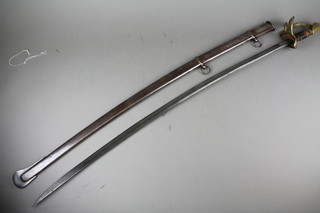 A 19th Century sabre with brass guard and 36" blade, contained in a polished steel scabbard