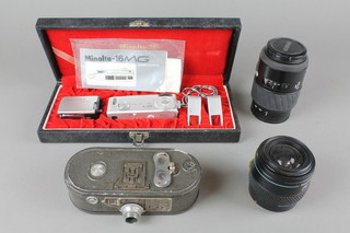 A Minolta-16 camera - boxed, a Keystone 8 mm cine camera model X-8, a Minolta zoom lens marked AF Zoom 70-210mm 1:3.5 22-4.5, a Tokina AF 35-70 lens