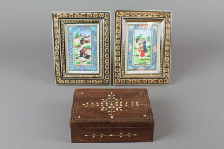 A hardwood box inlaid with ivory 2"h x 6"w x 4"d together with 2 Turkoman style panels decorated warriors and fruit pickers? 3"h x 2"w in Moorish style frames