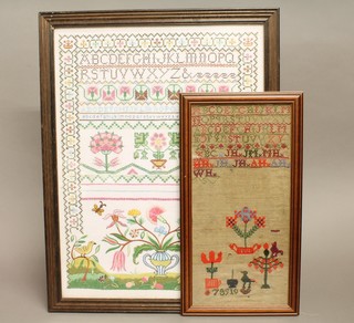 A stitch work sampler with alphabet, numbers and trees with birds 16" x 8", hole to centre and 1 other modern sampler with alphabet, letters, vase of flowers 22" x 16 1/2" 