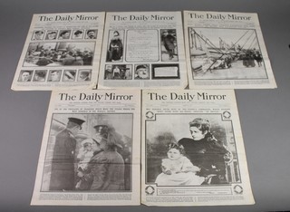 Titanic, five reproduction editions of the Daily Mirror dated 17th April 1912 no. 2646, 18th April 1912 no.2647, 19th April no.2648, 20th April 1912 no.2649 and 22nd April  1912 no.2650