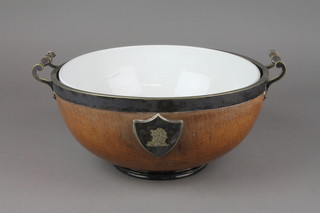 A 1920's turned oak 2 handled salad bowl with plated mounts and ceramic liner 10" diam. 