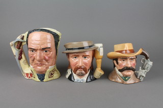 3 Royal Doulton character jugs - Wild Bill Hickock D6736 5 1/2", Wyatt Earp D6711 5 1/2" and The Battle of the Alamo 1837 D6729 7" 