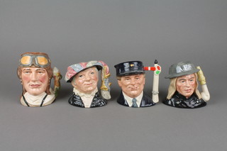 4 Royal Doulton character jugs - Auxiliary Fireman D6687 4", The Engine Driver D6823 4", Purley Queen D6843 4" and The Airman D6870 4"
