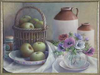 Tricia Hardwick.  Oil painting, a still life study, vase of flowers, stoneware jars and apples, signed and dated '93 11 1/2" x 15" 