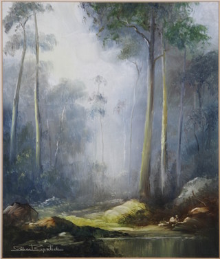 Robert Capstick, oil painting, an Australian forest scene with pond, signed 10 1/2" x 9" 