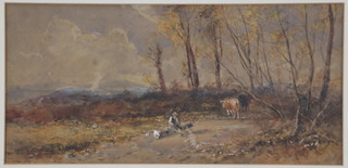Edwardian watercolour, a rural view with a farm worker sitting on a log with 2 cattle and distant hills, unsigned 6 3/4" x 13 3/4" 