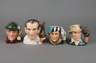 4 Royal Doulton character jugs - The Gardener D6868 4", The Falconer D6540 4", Sir Stanley Matthews D7161 4 1/2" and The Sleuth D6635 4" 