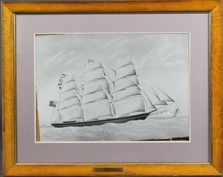 Watercolour and highlights, maritime study of a three masted ship - The Sea King in choppy waters off an island, unsigned, 15" x 21 1/2" 