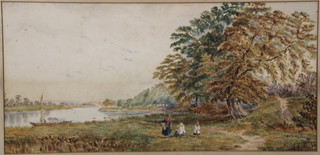 Edwardian watercolour, a river study with figures and a boat with distant hills, unsigned 10" x 21" 