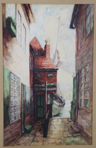 Edwardian watercolour, a passageway leading to a moored boat, indistinctly signed 13 1/2" x 8 1/2"  
