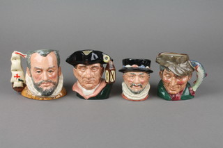 4 Royal Doulton character jugs - The Poacher D6464, Beefeater D6233 3", Night Watchman D6576 3 1/2" and King Philip II of Spain D6822 4"  
