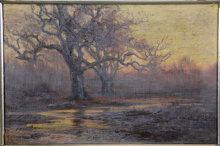 F Golden Short '92, oil painting, a Victorian sunset wooded landscape signed and dated 7 1/2" x 11 1/2" 