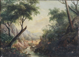 19th Century oil painting, a Continental ravine study with distant cattle and hills, unsigned, 4" x 5 1/2" 