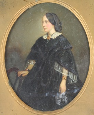 19th Century oil painting, a portrait study of a lady in a black dress with white lace collar, oval 4.5" x 3.5" 