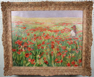 G Griois, oil on canvas, an atmospheric study of a child in a poppy field, signed 25" x 31" 