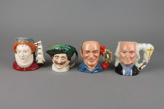 4 Royal Doulton character jugs - Benjamin Franklin D6695 4", Henry Cooper D7050 4" The Cavalier 4" and Queen Elizabeth I of England D6821 4" 