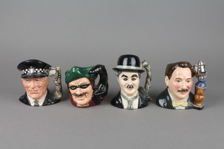 4 Royal Doulton character jugs - Charlie Chaplin D7145 4", Dick Turpin D6825 4", Eric Knowles D7130 4" and The Policeman D6862 4" 