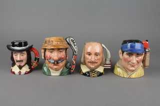 4 Royal Doulton character jugs - King Charles I D6985 4", Shakespeare D6938 4", The Angler D7065 4" and The Golfer D7064 4" 