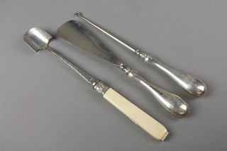 A 19th Century silver plated bone handled marrow scoop, shoe horn and button hook 