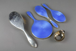 A silver and blue guilloche enamel brush set (f), a ditto brush and silver ladle end