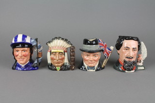 4 Royal Doulton character jugs - Charles Dickens D6901 4", Sir Winston Churchill D6849 4", North American Indian D6614 4" and Willie Carson D7111 4" 