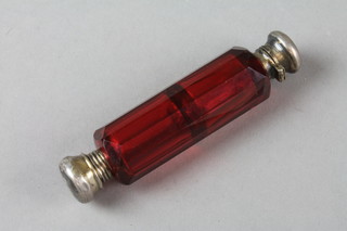 A 19th Century ruby glass double ended scent bottle with plated mounts 4" 