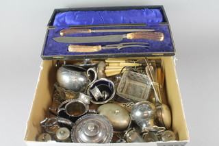A cased horn handled carving set and minor plated items 