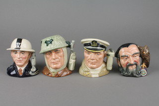 4 Royal Doulton character jugs - Merlin D6536 4", The Sailor D6875 4", The Soldier D6876 4" and ARP Warden D6872 4" 