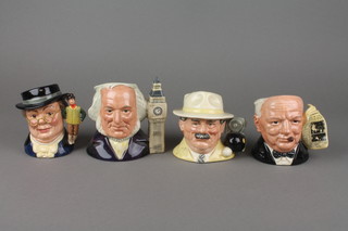4 Royal Doulton character jugs - Sir Winston Churchill D6934 4", The Bowls player D6896 4", John Doulton D6656 4" and Mr Pickwick D7025 4" 