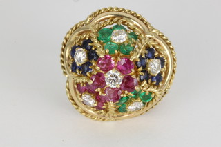 An 18ct gem set high mount filigree dress ring, approx. 18 grams gross, size K