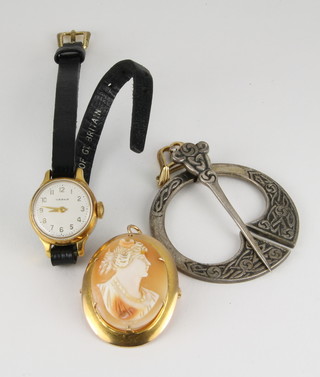 A 10ct portrait cameo brooch, a 9ct gold pendant, a silver brooch and wristwatch 