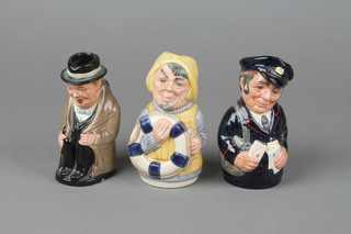 3 Royal Doulton character jugs - Pat Parcel D6813 4", Len Lifeboat D6811 4" and Winston Churchill seated 4" 