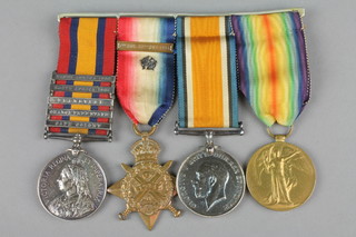 A group of medals to 6139 Pte. W. Kember. 2/R. Suss. QSA with Cape Colony, Orange Free State, Transvaal, South Africa 1901, South Africa 1902 bars, 1914 Star with bronze clasp and silver rosette, British War medal and Victory medal 