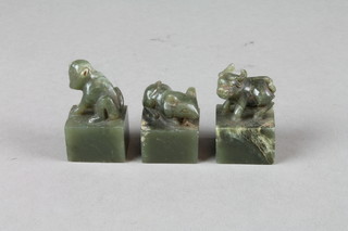 3 carved soap stone seals with shi shi mice and monkey finials