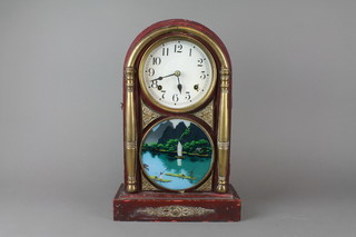 Shing Li Clock Company.  A Chinese 8 day striking shelf clock with painted dial and Arabic numerals contained in an arched pine and and brass mounted case 