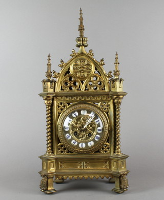 Pre Le Masson, Paris, a Victorian French 8 day striking tower clock with enamelled panels to dial, contained in a gilt metal case, striking on bell