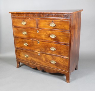 A 19th Century mahogany chest with crossbanded top, fitted a secret drawer above 2 short and 3 long drawers with splayed bracket feet and brass swan neck drop handles 43 1/2"h x 45"w x 21"d 