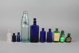 A Cods patent bottle 9" and 9 other coloured glass bottles