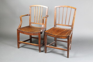 A Georgian elm stick and rail back carver chair together with a standard chair