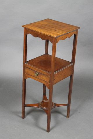 A Georgian square mahogany 2 tier night table fitted a drawer with X framed stretcher, raised on square supports 33"h x 12"w x 12"d