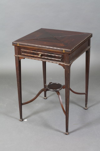 An Edwardian envelope card table fitted a drawer, raised on square tapering supports, spade feet 29 1/2"h x 20"w x 20"d 